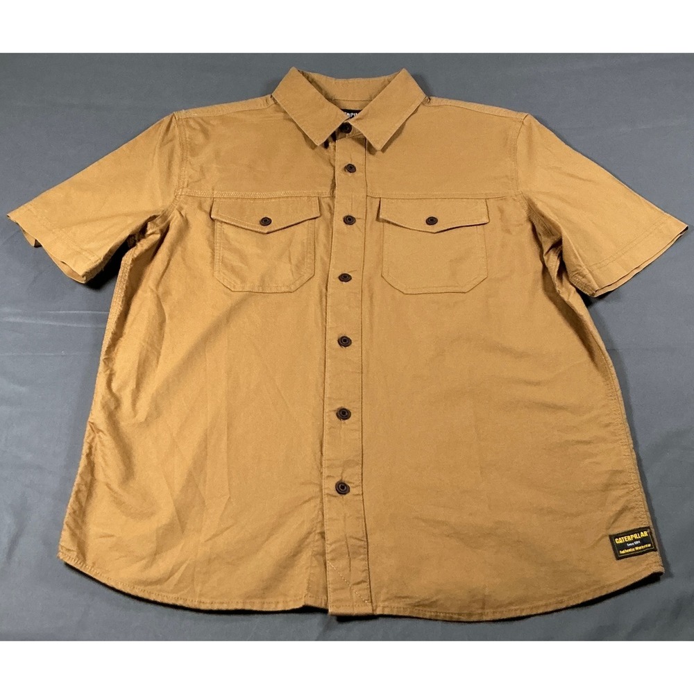 Caterpillar Mens Short Sleeve Button Down Work Shirt Brown Relaxed Fit M NEW